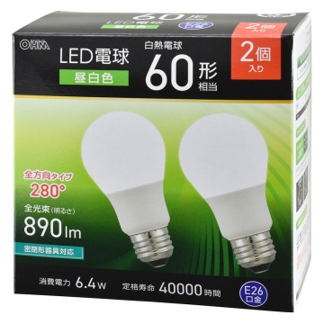 LED電球 E26 60形相当 昼白色 2個入 [品番]06-5467