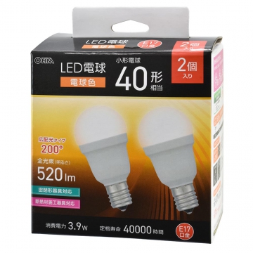 LED電球小形 E17 40形相当 電球色 2個入 [品番]06-5478